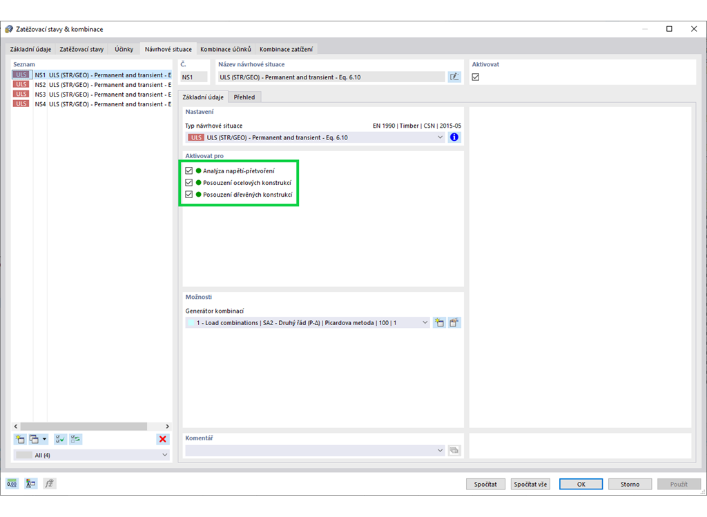 Návrhová situace pro posouzení různých materiálů