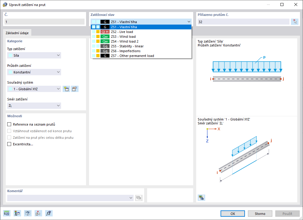 Úprava zatěžovacího stavu pro zatížení na prut