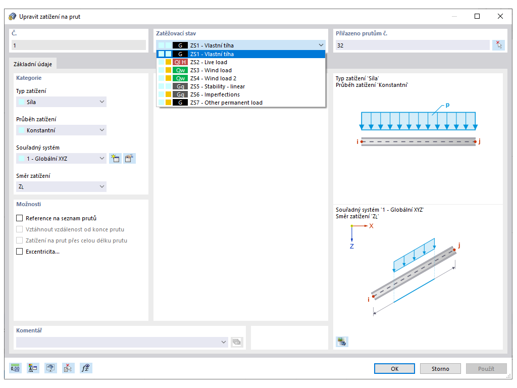 Úprava zatěžovacího stavu pro zatížení na prut