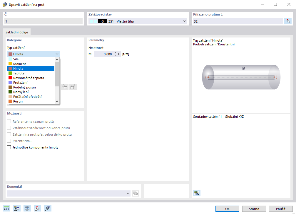 Typ zatížení Hmota v katalogu zatížení