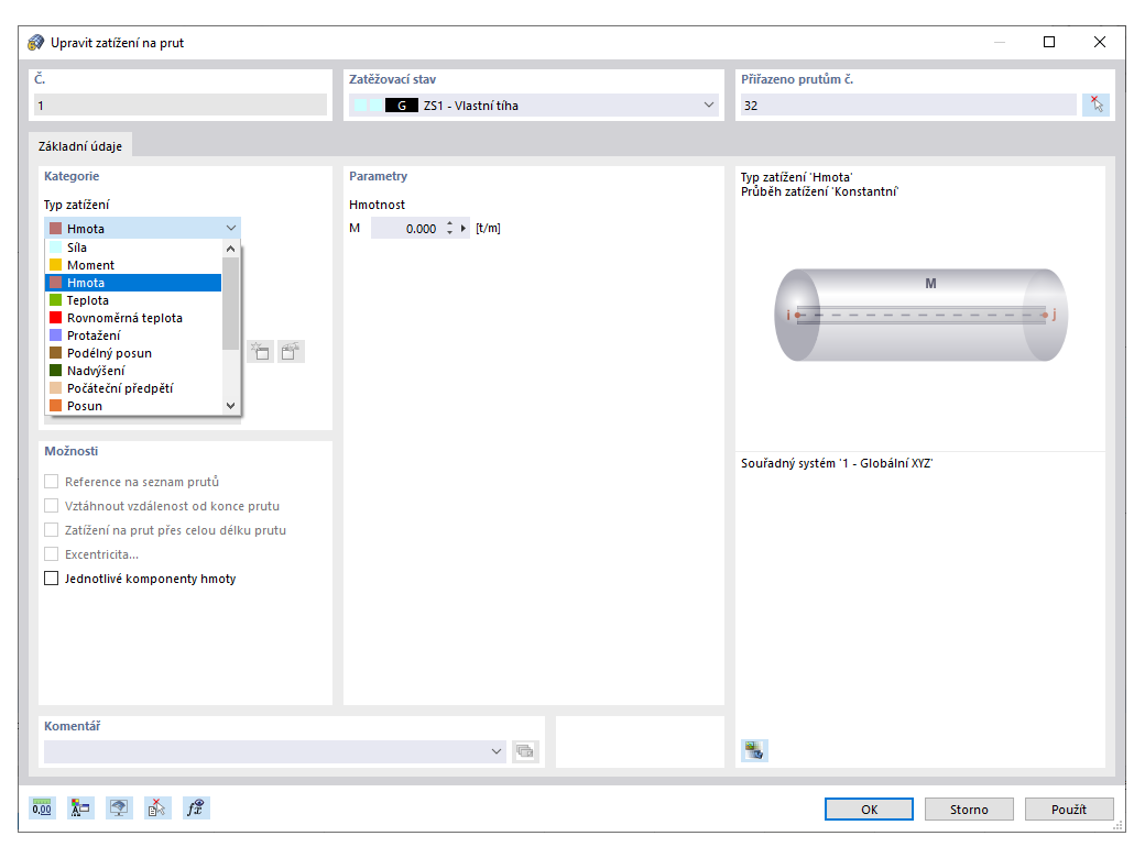 Typ zatížení Hmota v katalogu zatížení