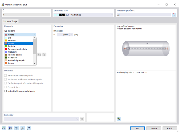 Typ zatížení Hmota v katalogu zatížení