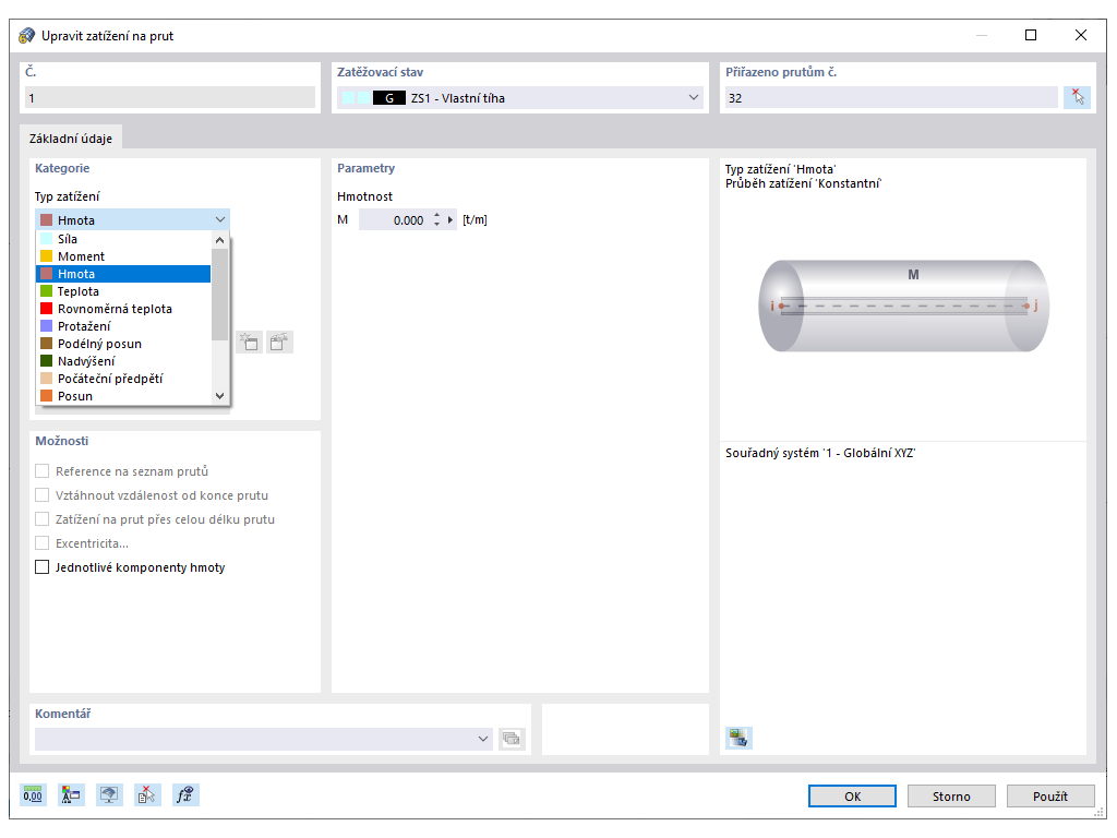Typ zatížení Hmota v katalogu zatížení