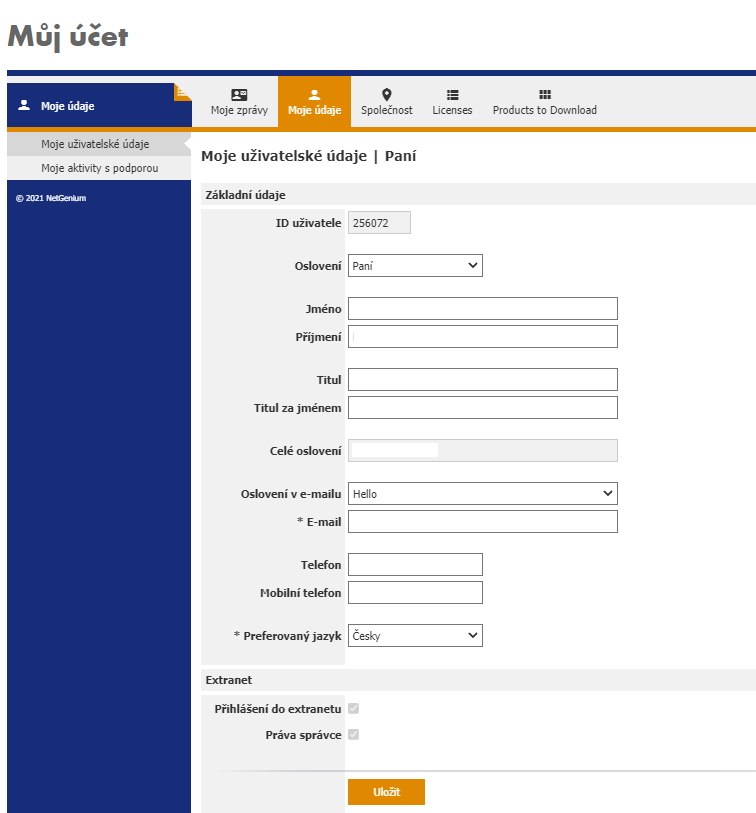 Uživatelské údaje v účtu Dlubal