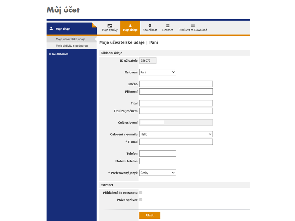 Uživatelské údaje v účtu Dlubal