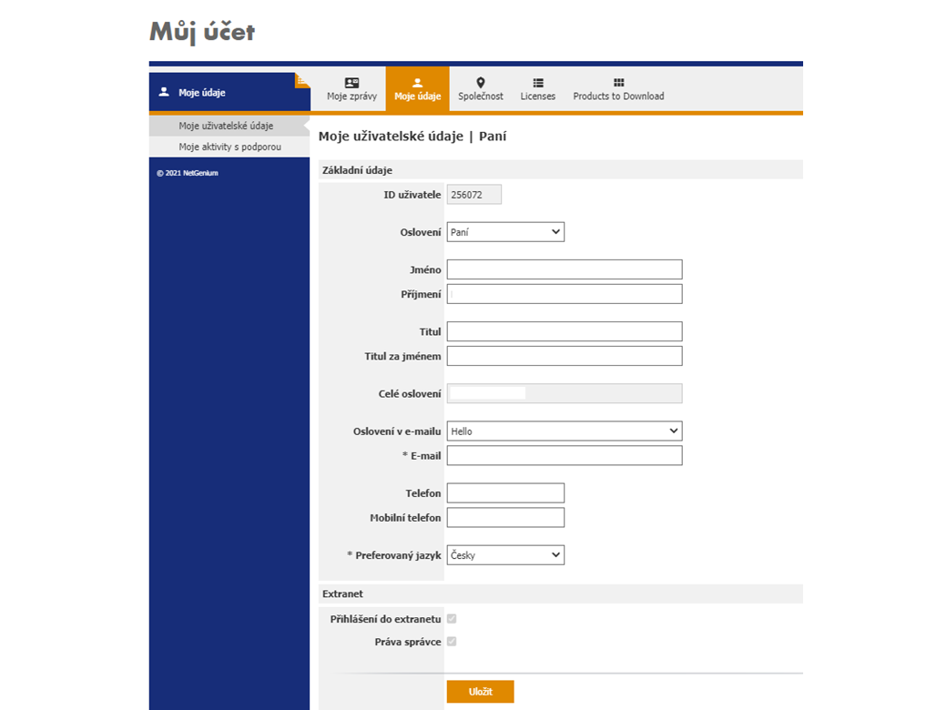 Uživatelské údaje v účtu Dlubal