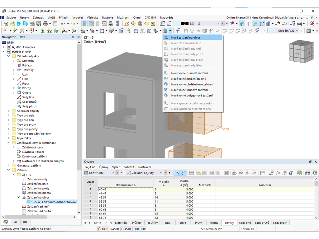 Zatížení na otvory