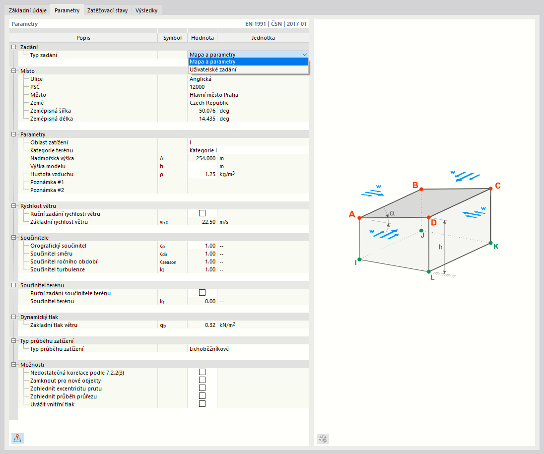 Zadání parametrů zatížení větrem