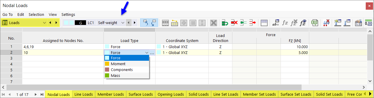 Zatížení v tabulce