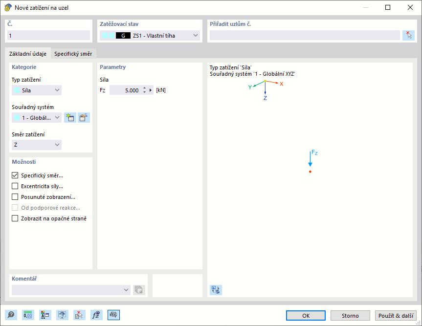 Dialog "Nové zatížení na uzel"
