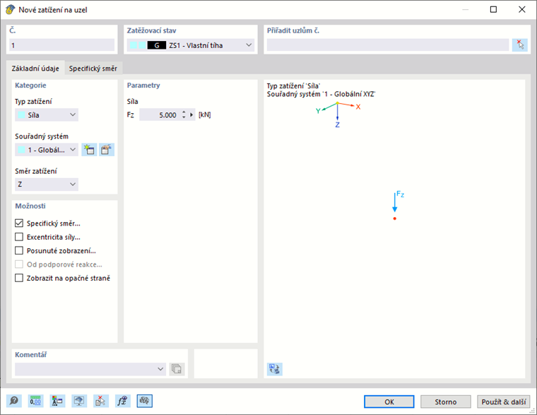 Dialog "Nové zatížení na uzel"