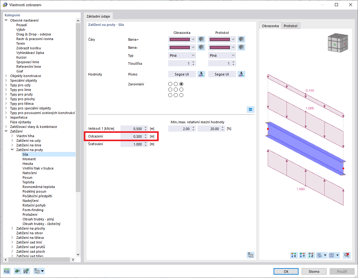 FAQ 005086 | Jak lze změnit odsazení zatížení od objektu v grafice?