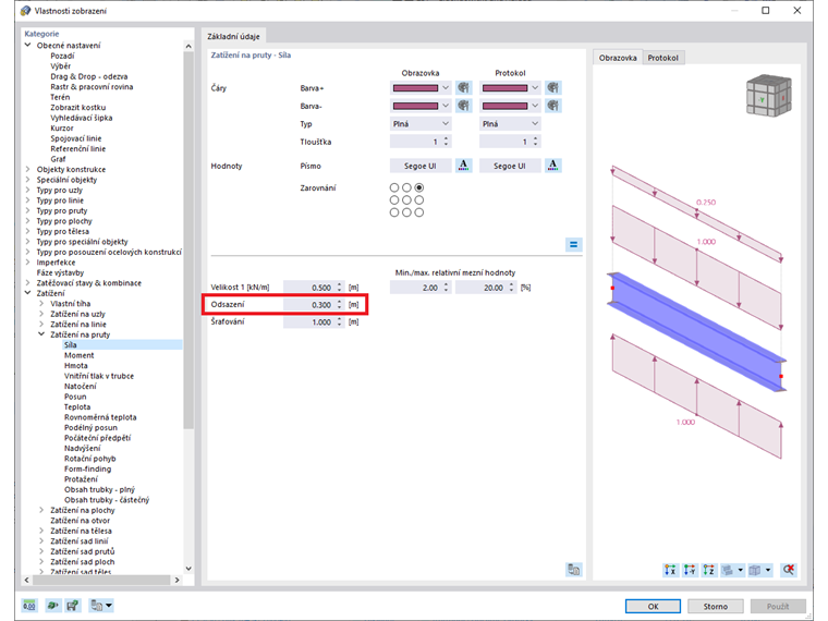 FAQ 005086 | Jak lze změnit odsazení zatížení od objektu v grafice?