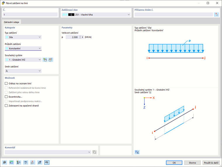 Dialog „Nové zatížení na linii“