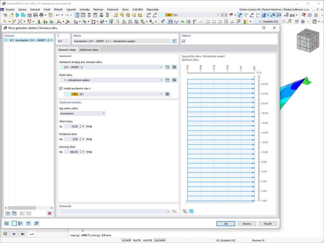 Generátor zatížení Simulace větru v programu RFEM