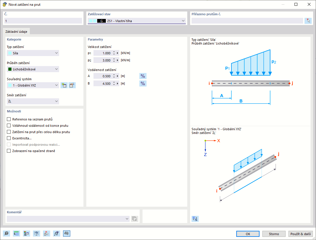Dialog ' Nové zatížení na prut '
