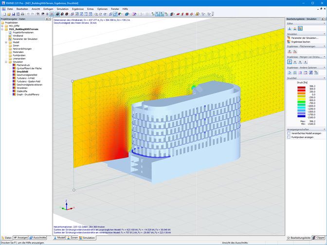 Tlakové pole v pohledu na řez | Vizualizace rozložení tlaku pomocí programu RWIND na budově
