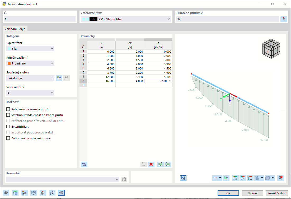 Zadání proměnného zatížení na prut