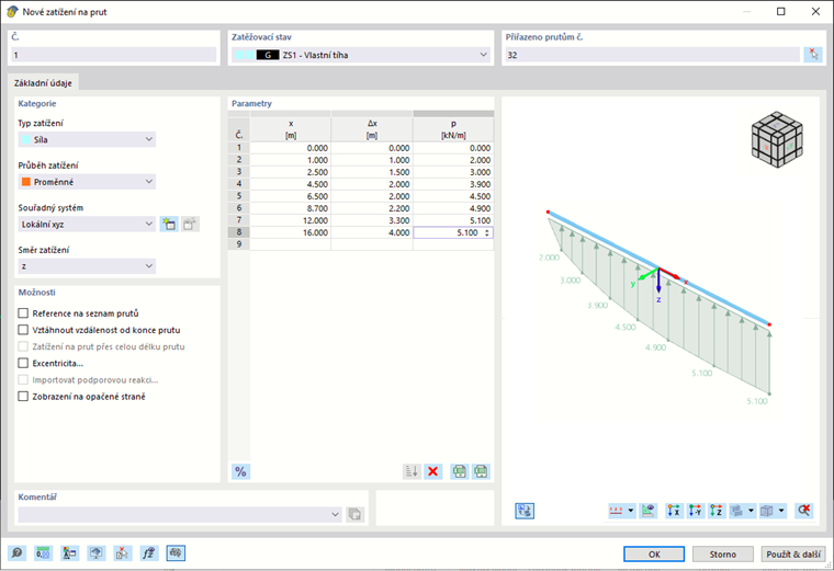 Zadání proměnného zatížení na prut