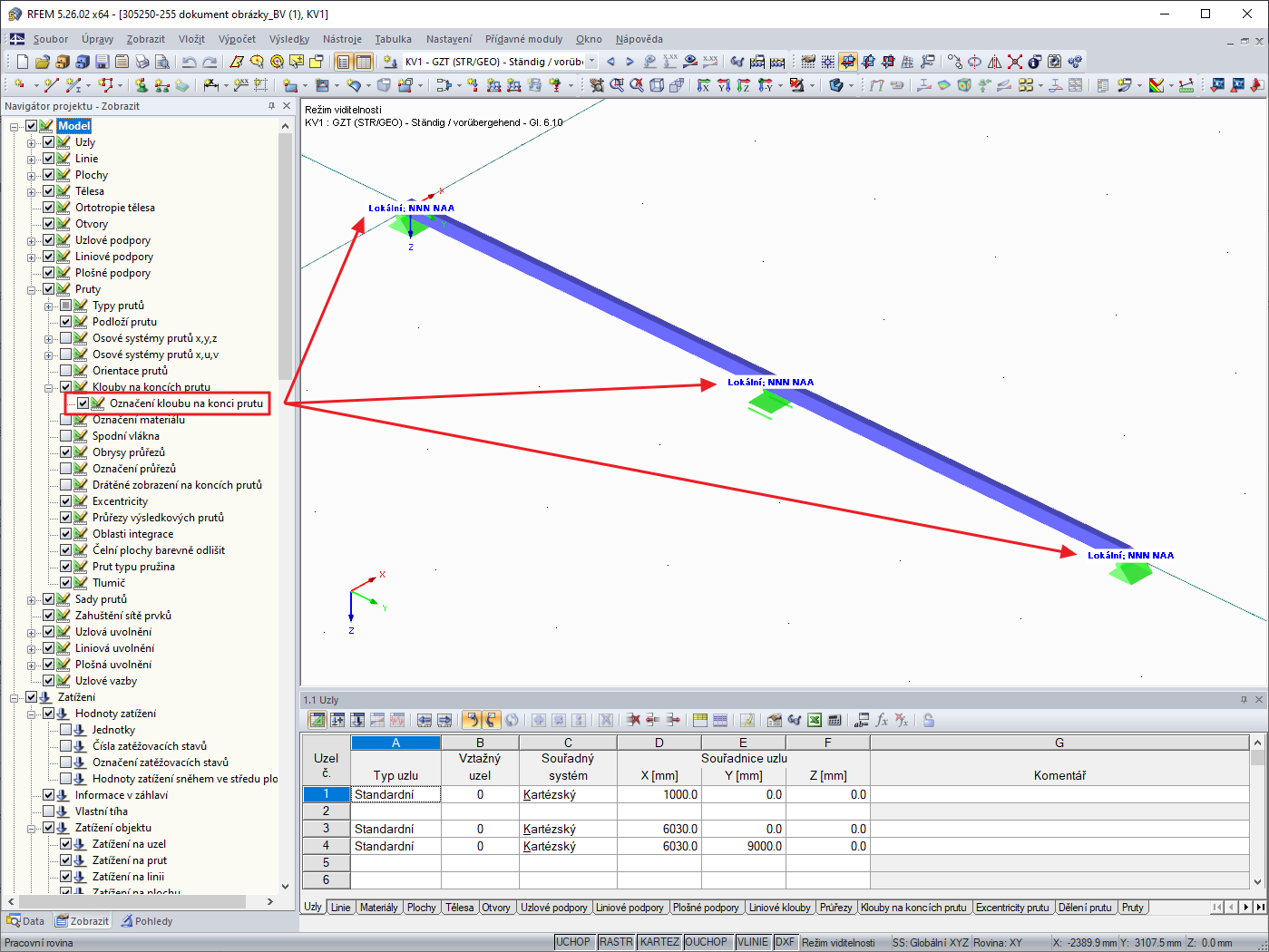 FAQ 005088 | Jak lze v grafice zobrazit další informace o kloubech na koncích prutů?