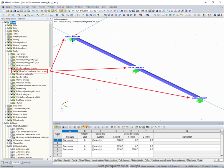 FAQ 005088 | Jak lze v grafice zobrazit další informace o kloubech na koncích prutů?