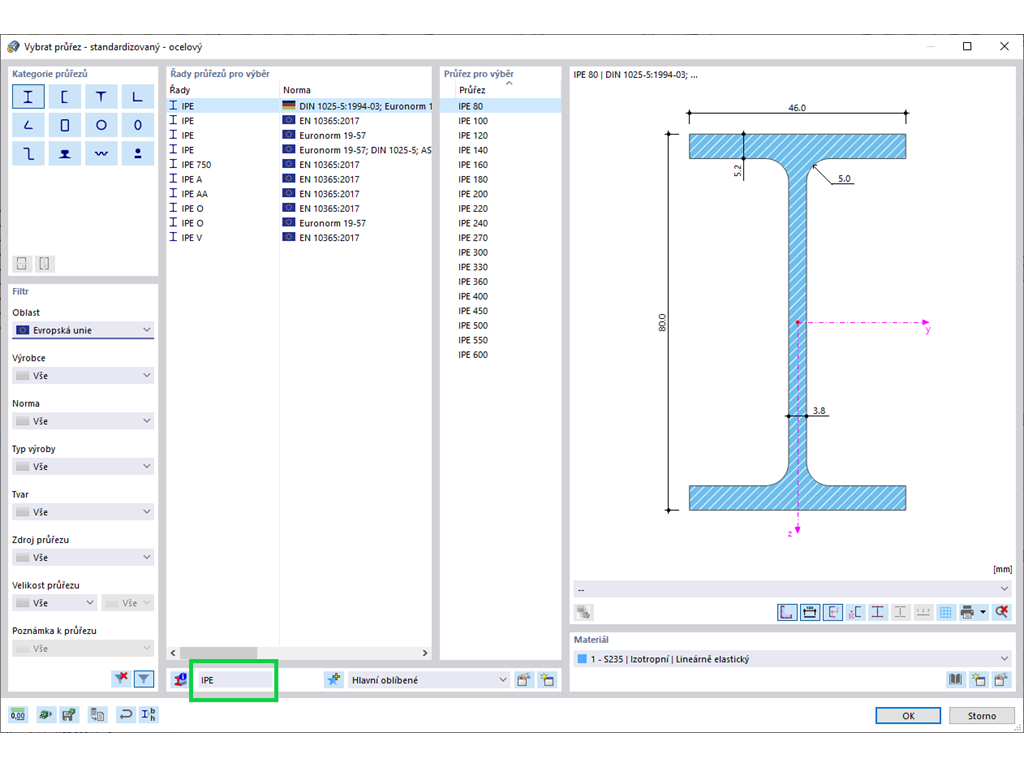 Databáze průřezů s vyhledáváním krátkých textů