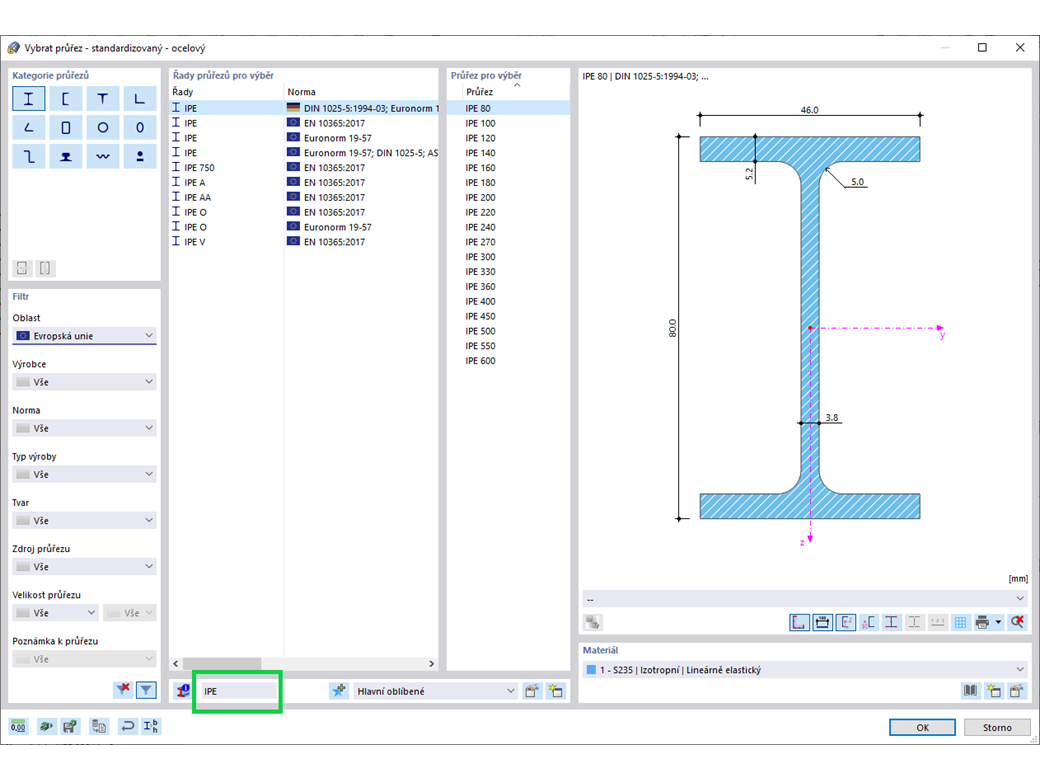 Databáze průřezů s vyhledáváním krátkých textů