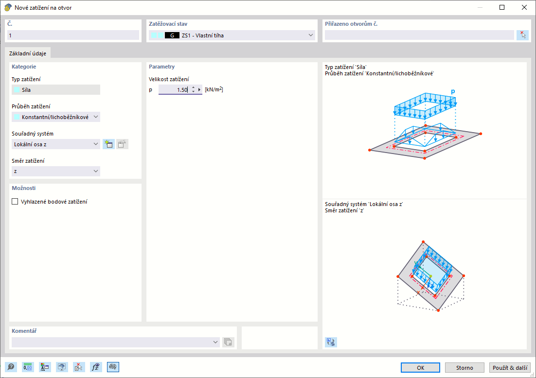 Dialog "Nové zatížení na otvor"