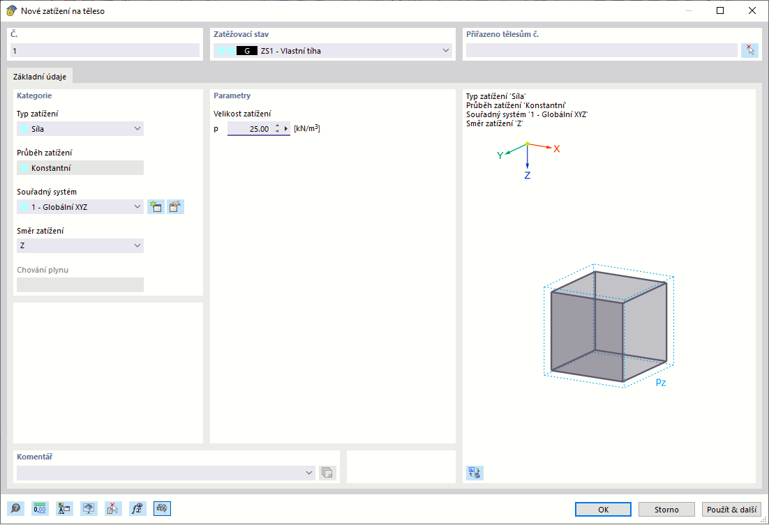 Dialog ' Nové zatížení na těleso '