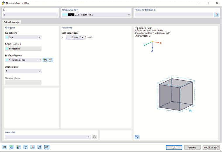 Dialog ' Nové zatížení na těleso '