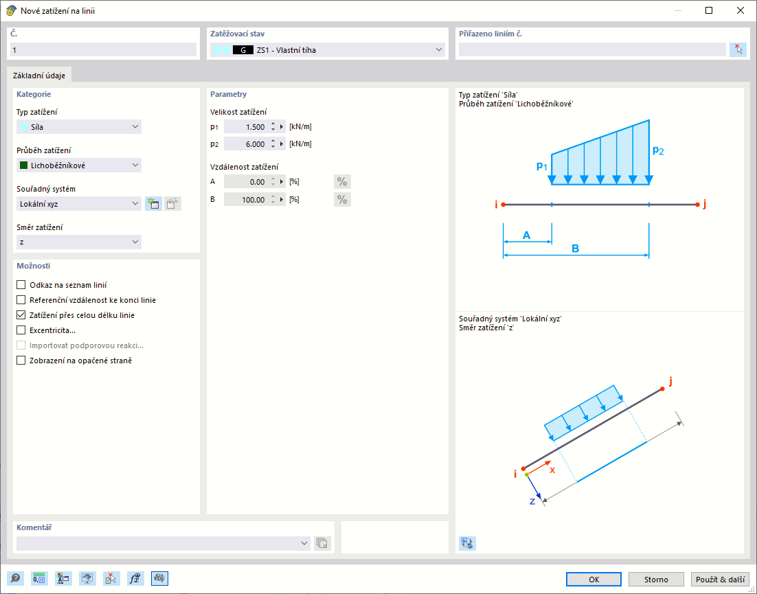 Dialog ' Nová sada linií pro zatížení '