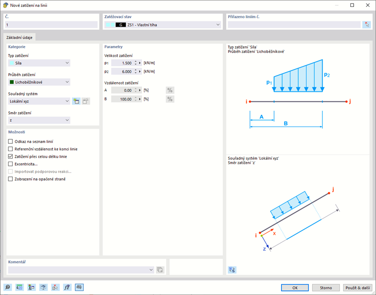 Dialog ' Nová sada linií pro zatížení '