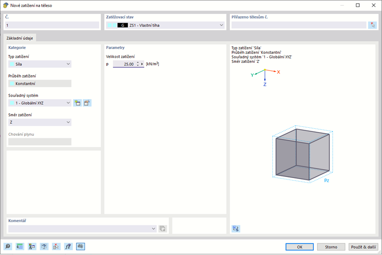 Dialog ' Nová sada zatížení pro těleso '
