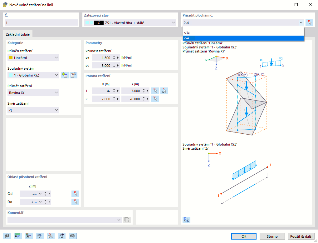 Dialog ' Nové volné zatížení na linii '