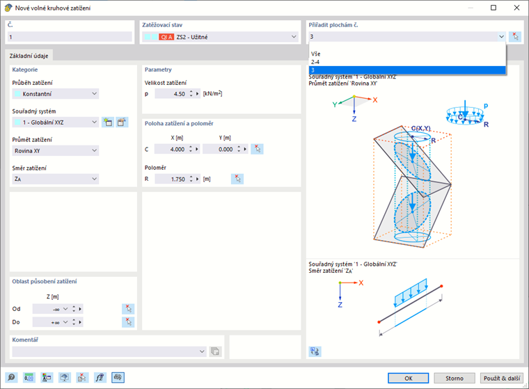 Dialog ' Nové volné kruhové zatížení '