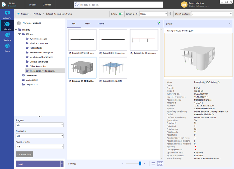 Uspořádání modelů v Dlubal centru