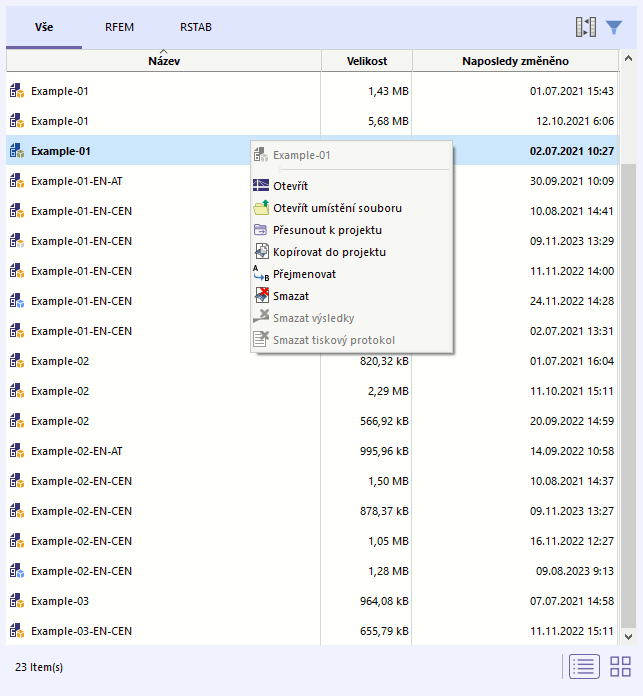 Modely v zobrazení seznamu s místní nabídkou modelu