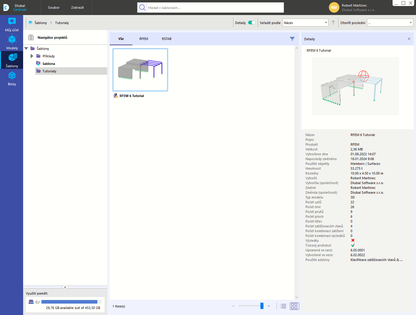 'Šablony modelů' v Dlubal centru