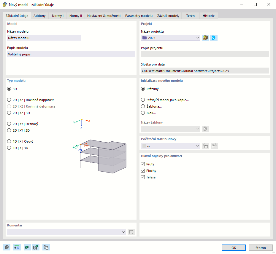 Dialog 'Nový model - základní údaje', záložka 'Základní údaje'