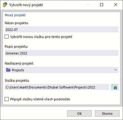 Dialog 'Vytvořit nový projekt'