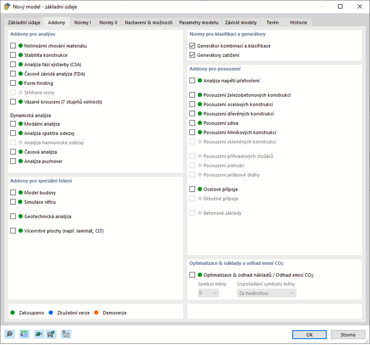 Dialog 'Nový model – Základní údaje', Záložka 'Addony'