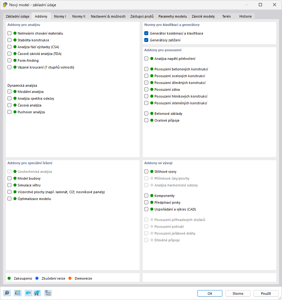 Dialog 'Nový model – Základní údaje', Záložka 'Addony'