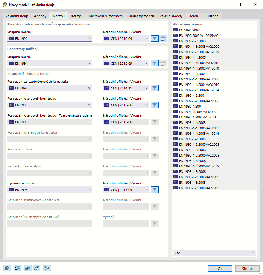 Dialog 'Nový model - Základní údaje', záložka 'Normy I'