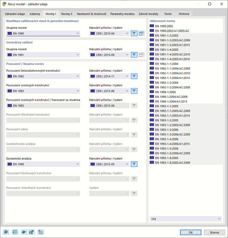 Dialog 'Nový model - Základní údaje', záložka 'Normy I'