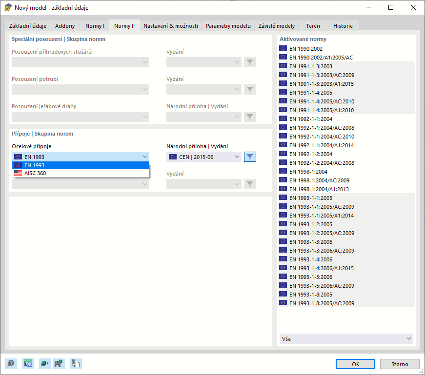 Dialog 'Nový model - základní údaje', záložka 'Normy II'