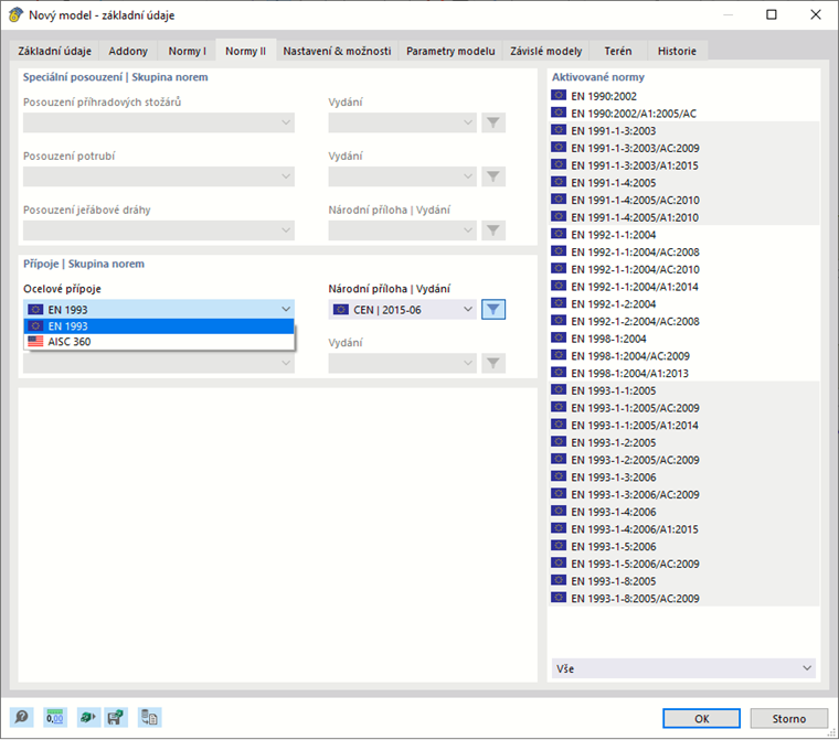 Dialog 'Nový model - základní údaje', záložka 'Normy II'