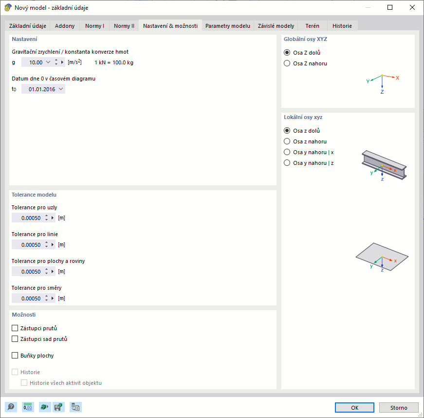 Dialog 'Nový model - základní údaje', záložka 'Nastavení a možnosti'