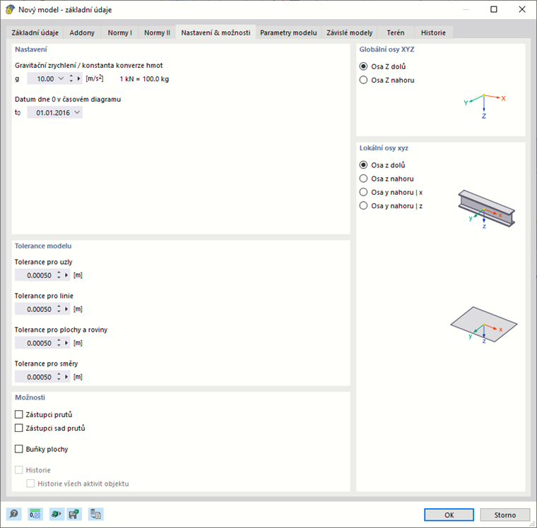 Dialog 'Nový model - základní údaje', záložka 'Nastavení a možnosti'