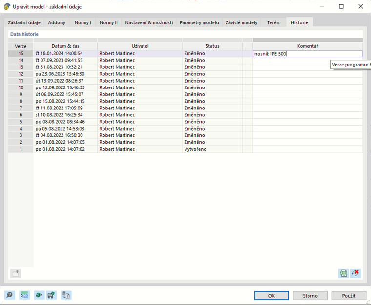 Dialog 'Upravit model-základní údaje', záložka 'Historie'