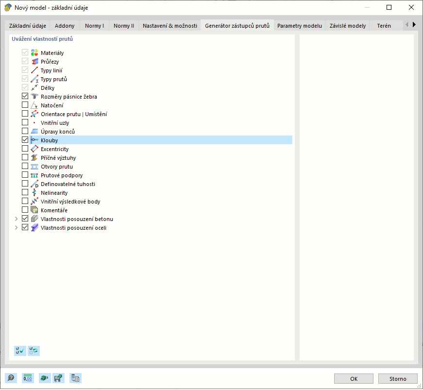 Dialog 'Nový model - základní údaje', záložka 'Generátor zástupců prutů'